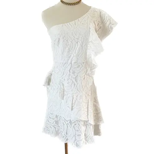 Borgo De Nor Lisa Mini Dress Ivory Lace Tiered Ruffle One Shoulder size US S 4/6 White