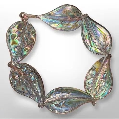 Vintage 1980s TAXCO Abalone Paua Shell and Sterling Silver Leaf Link 7″ Bracelet