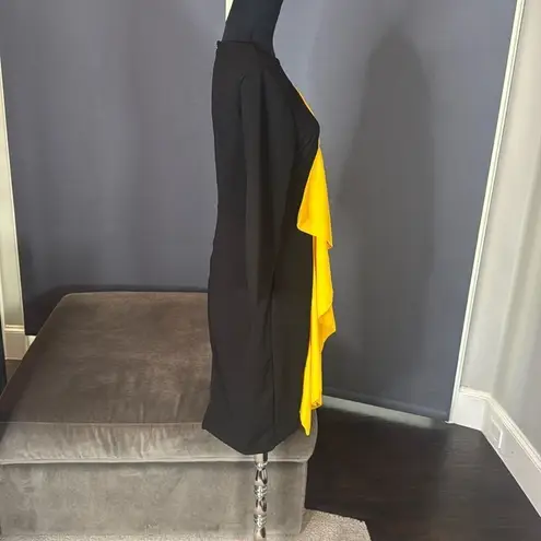 Women’s Black & Yellow Asymmetrical Ruffled Front Midi Dress 3/4 Sleeve Size M Size M