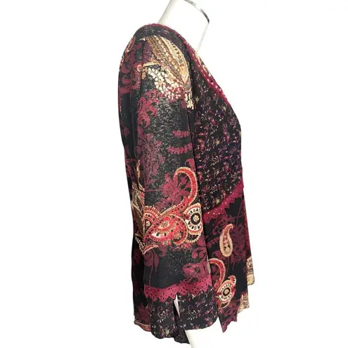 Sangria Size 10 Burgundy Paisley Studded V Neck Lined Blouse Vintage Boho Core