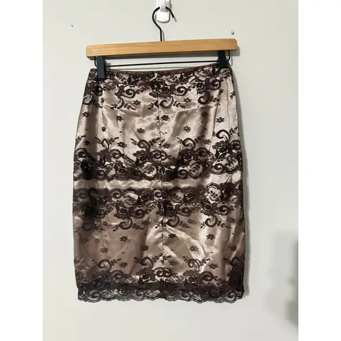 HELEN WANG Satin Lace Pencil Skirt Brown Formal Evening Size 8 Tan