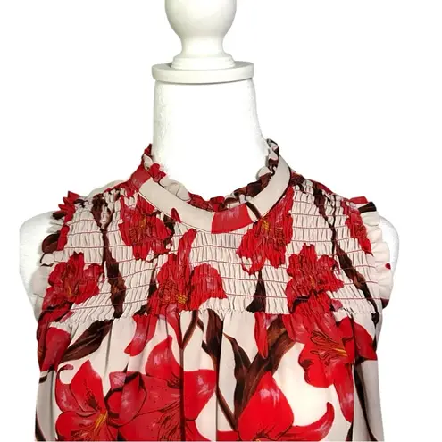 Kenar Red Ruffled Sleeveless Blouse with Mandarin Collar