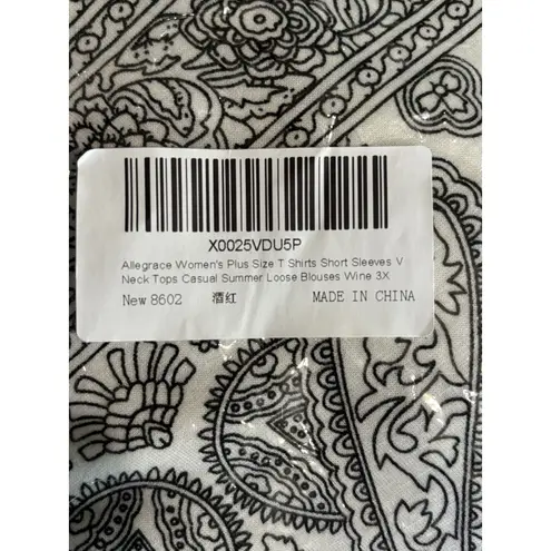 Allegrace White/Blk Paisley V Neck Short Sleeve Size 3XL Flowy Boho Plus Black