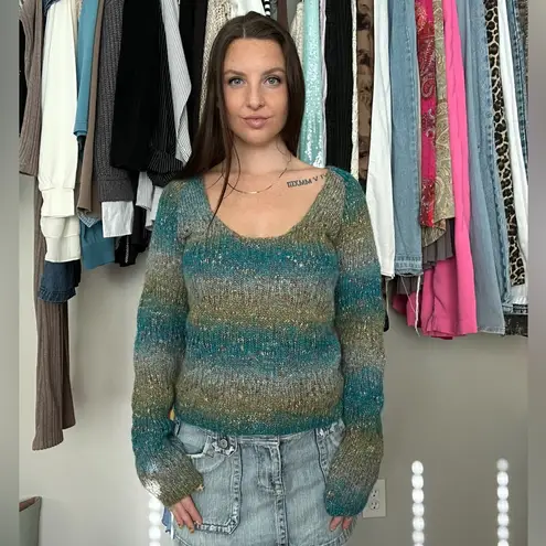 BKE Sheer Knit Striped Sweater Blue Green Tan Y2K Size L