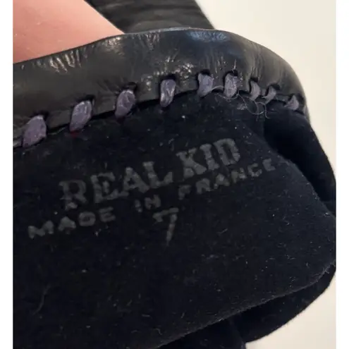 Antique Vintage Women's Real Kid Leather Gloves Made in France Black Sz 7