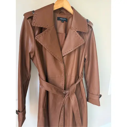 Kenneth Cole  Faux Leather Belted Trench Coat In Cognac Size L