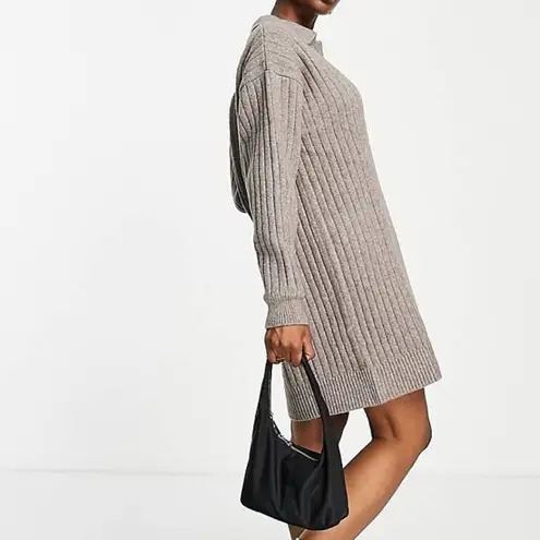 Weekday Husky V Neck Chunky Ribbed Knit Sweater Dress in Oat Brown