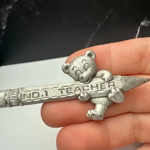 Signed JJ No. 1 Teacher Pencil With Teddy Bear Brooch Pin Jonette Jewelry Silver
