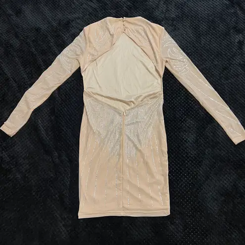 Rhinestone Open Back Mini Dress Slim Fit Mock Neck Backless Long Sleeve Tan Dress Party Dress Prom Wedding Size XS
