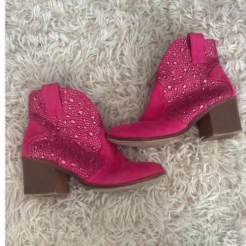 Sugar SGR Comet Pink Rhinestone Western Ankle Boots Block Heel Women's Size 7M