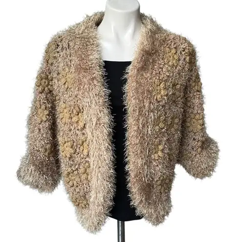 Talk Of The Walk Chunky Knit Crochet Inset Open Front Sweater Cardigan, Sz M Gold Size M