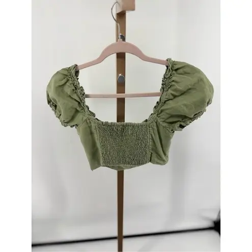 Wilfred Aritzia Wander Green Linen Puff Sleeve Cropped Blouse Size Small