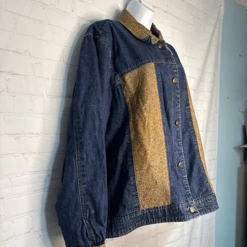 Coldwater Creek 3X Denim Jacket Blue Gold Paisley Faux Leather Trim Western Boho