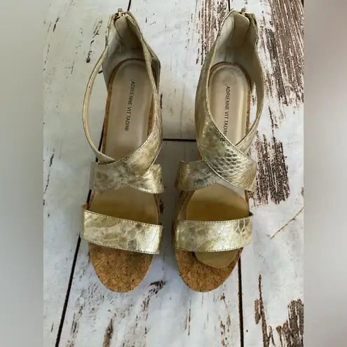 Adrienne Vittadini GOLD SNAKESKIN EMBOSSED STAPPY ESPADRILLES HEELED SANDALS