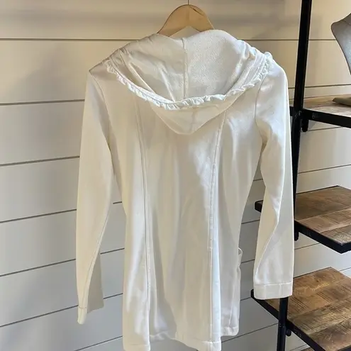 Stella Star Small Cream Hooded Ruffle Long Sweater Jacket w/ Large Wood Buttons