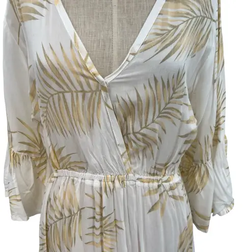 Tiare Hawaii Maxi Dress Kimono Sleeve Palm Print White Beige One Size