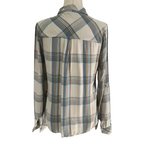 Guess  Multicolor Collared Plaid Roll tab Sleeve Top Women's Size Small | 3-1