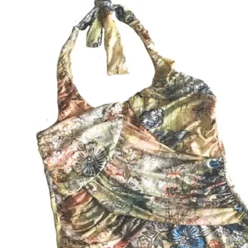 new Boho Chic ❤︎ Floral Watercolor Print Draped Halter Top ❤︎ Pin Up ❤︎ Large Blue