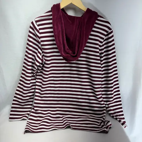 d&co Denim Company Burgundy White Stripe Velour Trim Hoodie Pocket Top Womens S Size M
