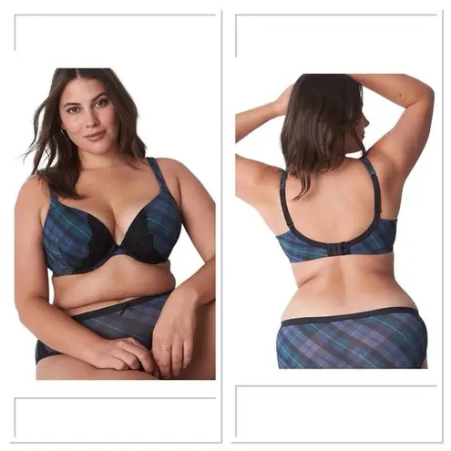 Cacique Boost Plunge Bra With Lace Stella Plaid Dark Denim 50D Push Up Underwire