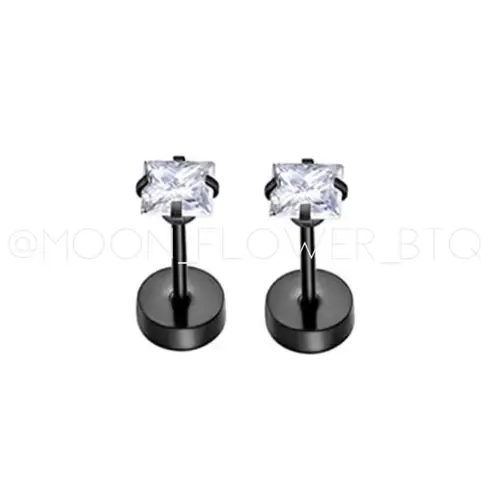 Tiny Black Square CZ Flat Back Earrings