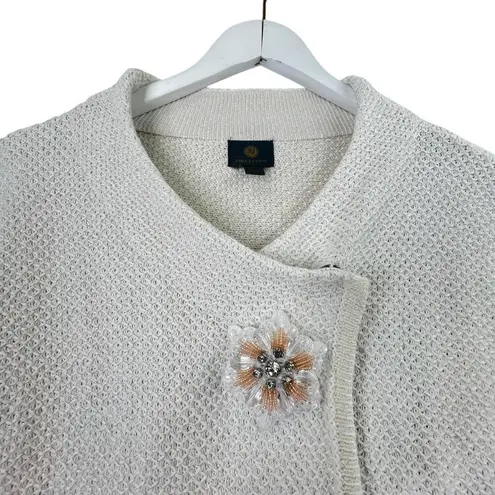 JM Collection Ivory Knit Wrap Cardigan Floral Beaded Brooch XL Metallic Elegant