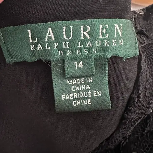 Lauren RALPH LAUREN Lace Sequin Black Dress 14 Ruched Waist Sheer Sleeve Formal