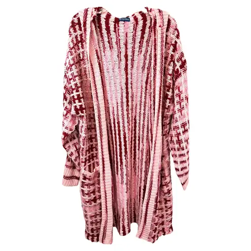 Blue Waters XL Long Cardigan Pink Red Plaid Hooded Knit Sweater Chunky Fall D Size 1X