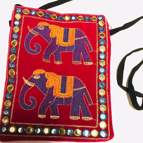 Embroidered Elephant Magenta Crossbody Bag Boho Tribal Pink