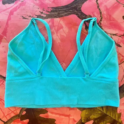 neon bright blue teal v neck ribbed sports bra