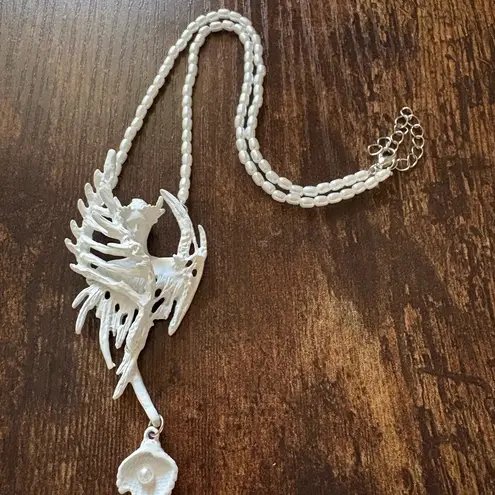 Gothic Siren Necklace Fantasy Angel Pendant Pearl Chain Art Jewelry Poleward Silver