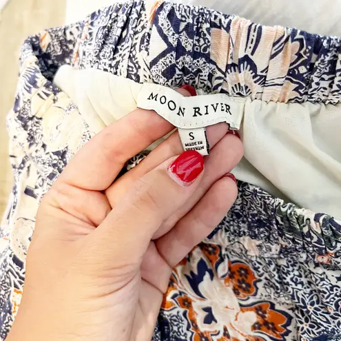 Moon River Floral Print Pull On High Waisted Tiered Midi Skirt Blue Multi Small