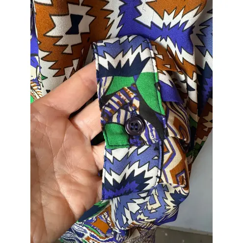 Joy Joy Dress Women Medium Blue Green Abstract Long Sleeve Ruffle Neck Mini