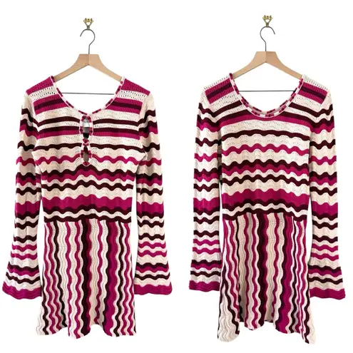 The Wolf Gang Anthropologie Lucid Knit Mini Dress Wavy Stripe Flared Sleeve Sz M Pink Size M