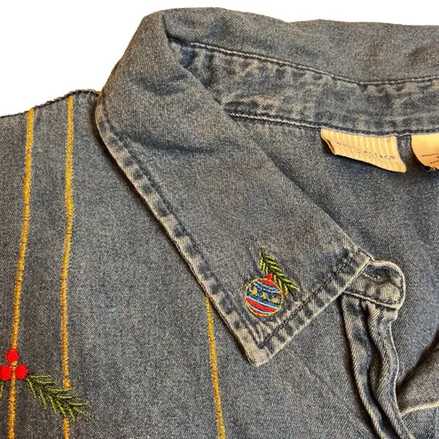 White Stag VTG Christmas Holiday Denim Button Down Shirt Ornaments Novelty SZ 22
