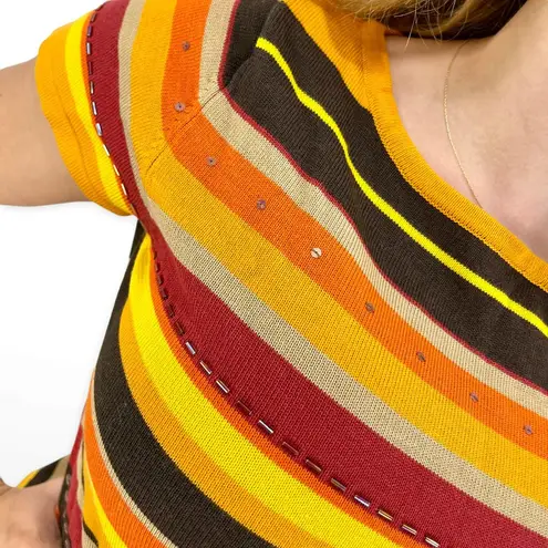 John Paul Richard 90s  Vintage Orange Striped Sequin Beaded Knit Top