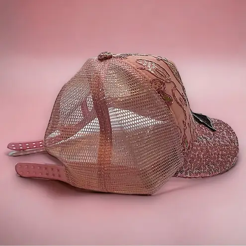 Butterfly Beaded Retro Floral Sequined Rhinestone Y2K Statement Trucker Hat Pink