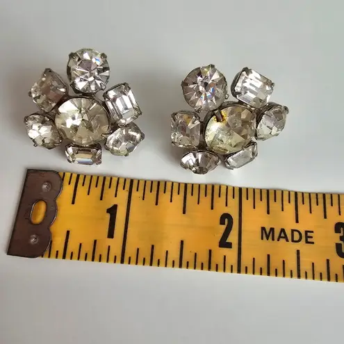 Emerald Cut Clear Rhinestone Flower Screwback Vintage Statement Earrings Silver