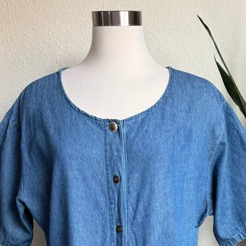 Vintage Plus Size Button Front Denim Dress 90s Cottagecore Prairie Style Blue