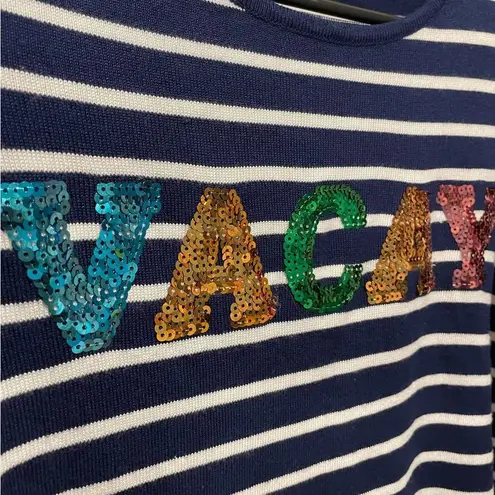 Mesh + Lace Navy Striped Rainbow Sequin Fun Vacay Destination Long Sleeve Top Size M