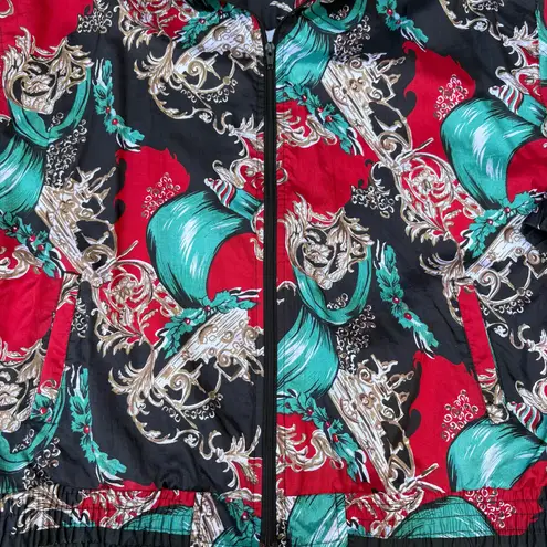 Pinstripe Petites Vintage Red Green Christmas Zip Up Windbreaker Bomber Jacket