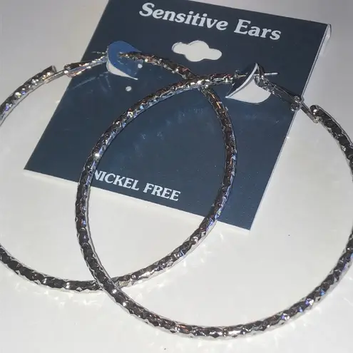 Sensitive Ears Silver Tone Huge Retro Boho Textured Hoop Earrings