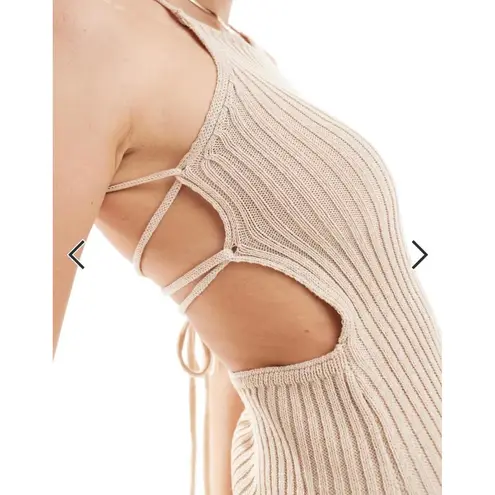 Bershka Lace-Up Back Crochet Knit Mini Dress in Tan (X-SMALL)