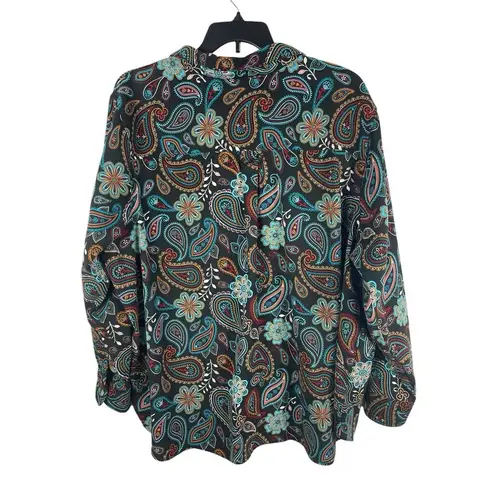 Woman Within Black Bold Floral Paisley Long Sleeve Thick Button Up Top 3x