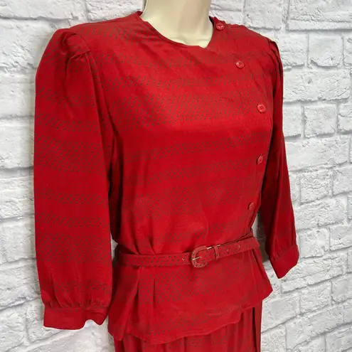Vintage Maggie London Jeannene Booher Red Silk 2 Piece Set Size 10 Skirt Belt