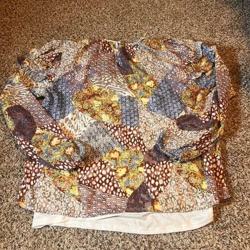 cupio Womens Lagenlook Tunic Top Blouse Long Sleeve Patchwork Multicolor L