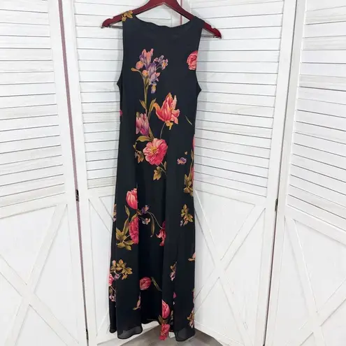 Vintage 90s Positive Attitude Floral Maxi Slip Dress Black Medium Glam Grunge Size 12