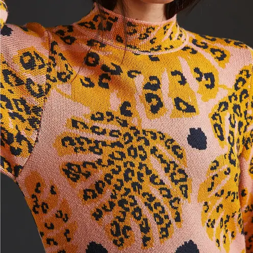 Farm Rio NWT Palms Mock Neck Sweater Long Sleeve Mini Dress in Pink & Leopard