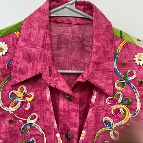 Vintage sz 4 Embellished Pink Women's 2 piece vest & button down long sleeve top