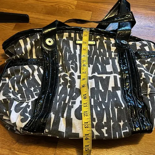 Guess  Y2K Black & White Cotton Fabric Faux Leather Oversized Tote Bag Purse